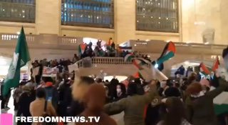 מאות מפגינים פרו-פלסטינים חסמו את תחנת הרכבת המרכזית בניו...