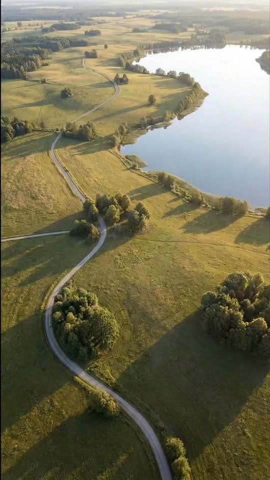 נוף של רחפן שקיעה על כביש כפרי שליו המוביל לאחוזה נסתרת על שפת...