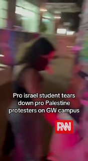 תיעוד: סטודנטית תומכת ישראל קורעת שלטים נגד ישראל מול קבוצה...