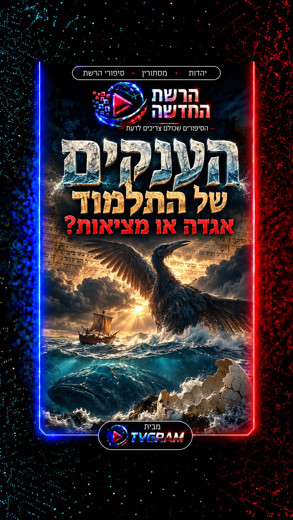 ⁨ ציפור ענקית שראשה מגיע עד השמיים, דג עצום שנראה כמו אי שלם,...
